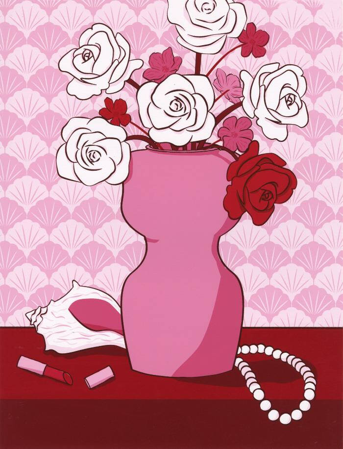 A print of a vase with roses and a shell and necklace nearby